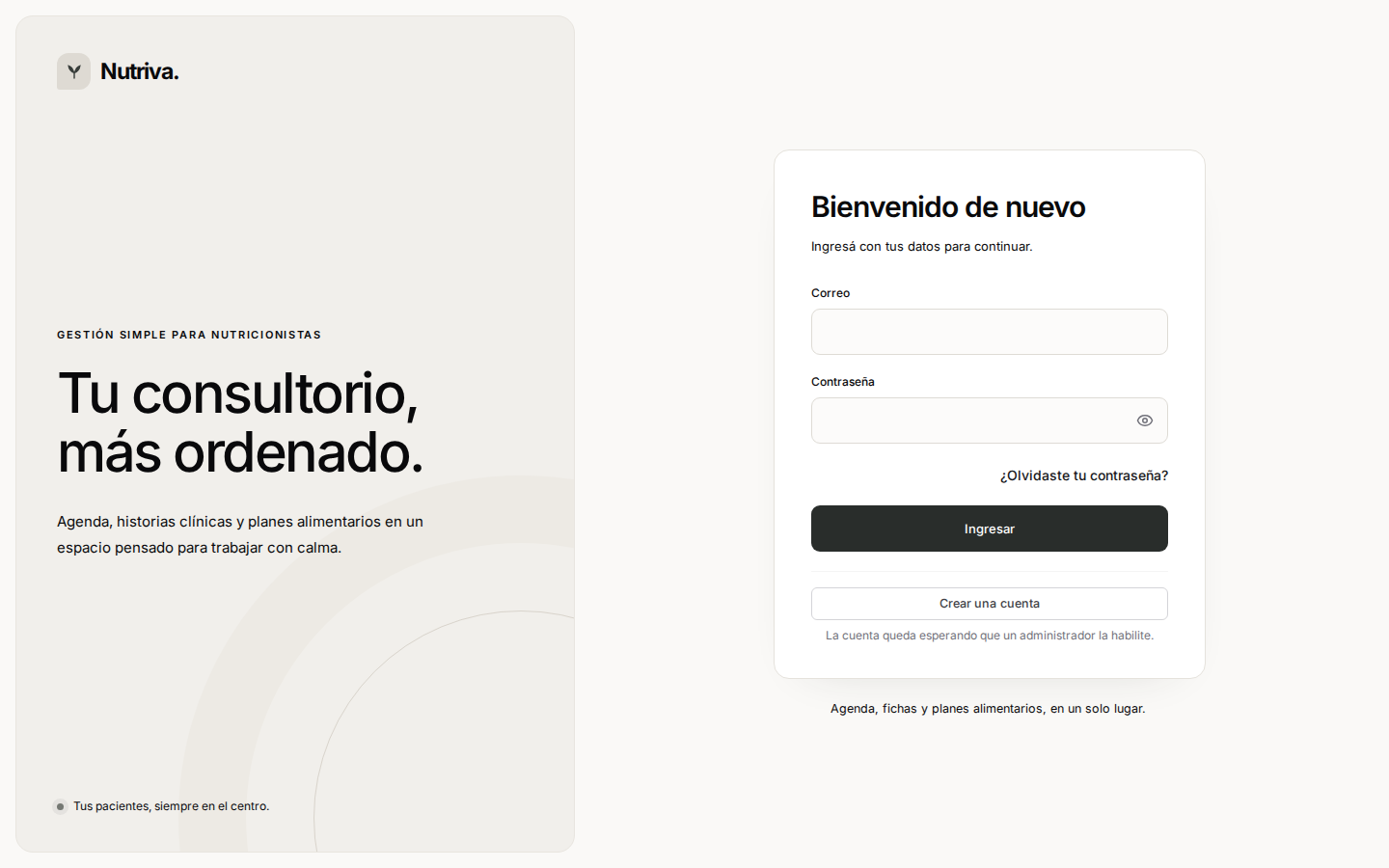 Pantalla de acceso de Nutriva